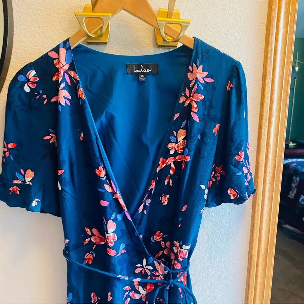 Lulus Dalton Teal Blue Floral Print Ruffled Wrap Dress - Picture 5 of 7